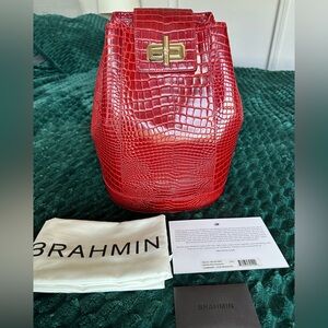 Authentic Brahmin Red Croc-Embossed Leather Bucket Bag with Gold Hardware